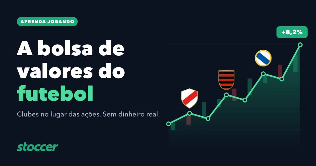 Ilustração de um gráfico de preços subindo com escudos de clubes e o texto: a bolsa de valores do futebol